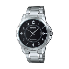 Casio watch with black dial and silver metal strap on a white background