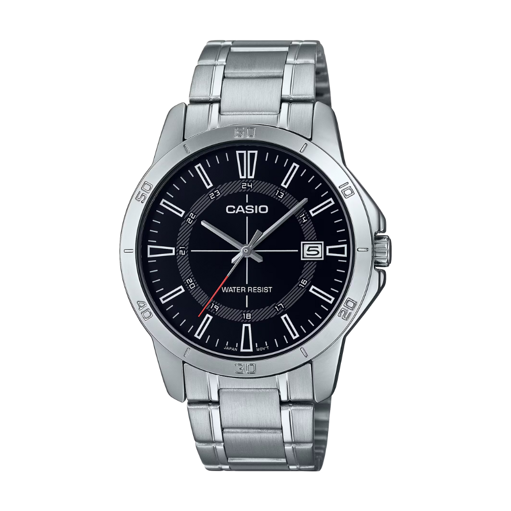 Casio watch with black dial and silver metal strap on a white background