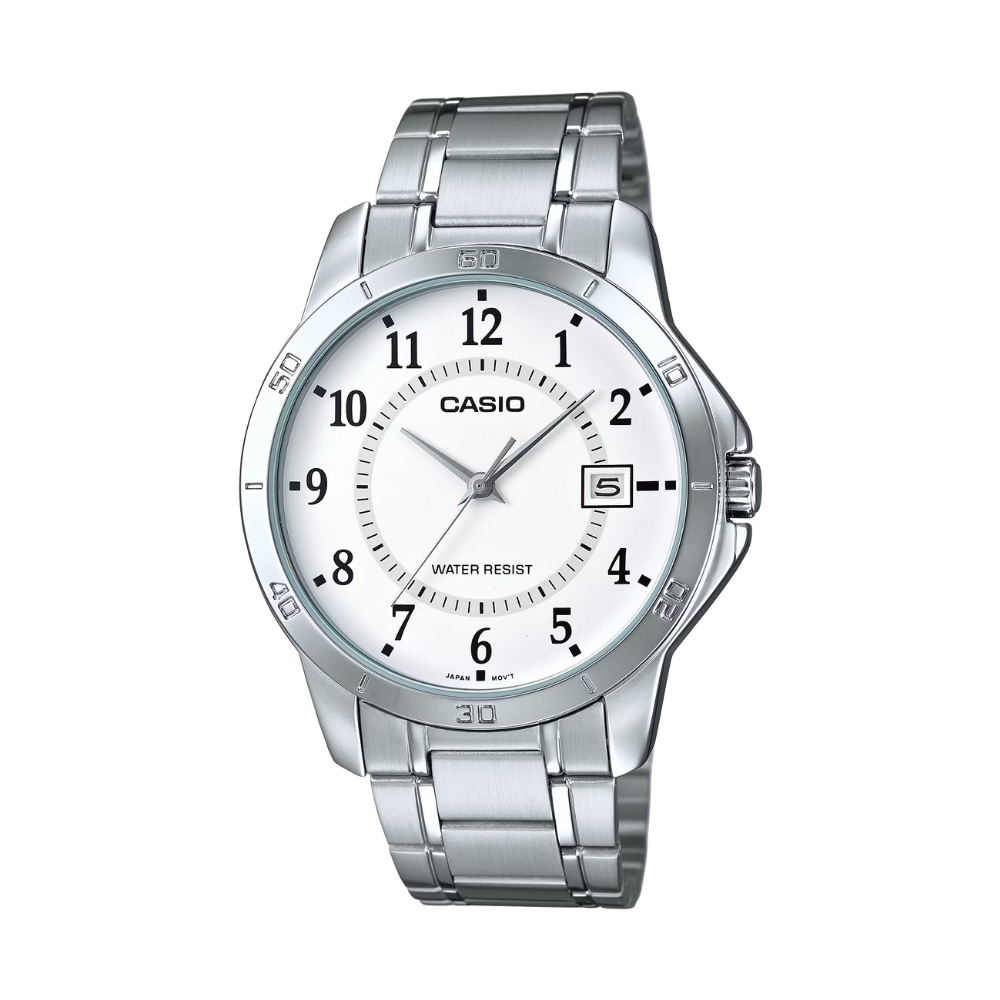 Silver Casio watch with a white face on a white background