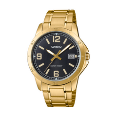 Gold Casio watch with black dial on a white background