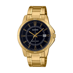 Gold Casio watch with black face on a white background