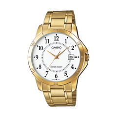 Gold Casio watch with a white face on a white background