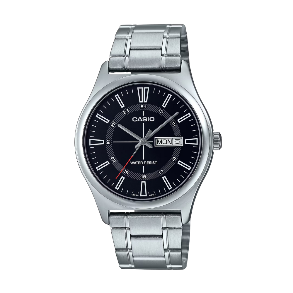 Casio watch with silver metal strap and black dial on a white background