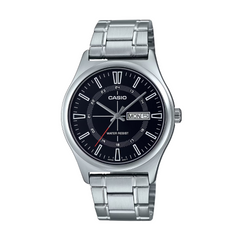 Casio watch with silver metal strap and black dial on a white background