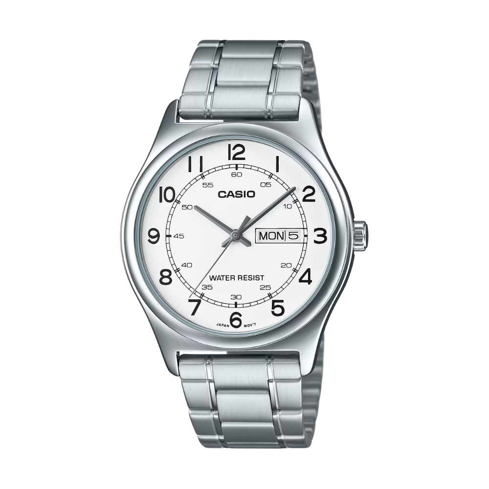 Silver Casio watch with a white face on a white background