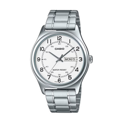 Silver Casio watch with a white face on a white background