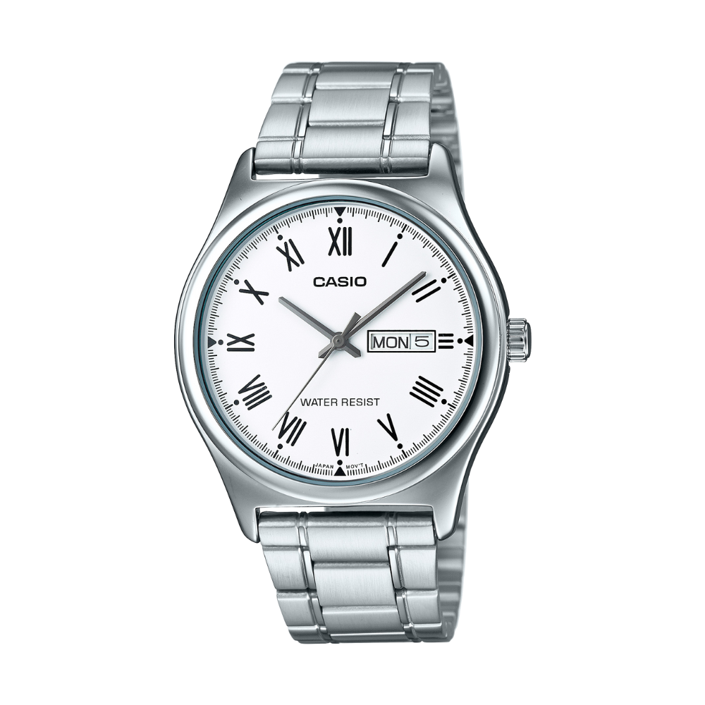 Casio watch with silver metal strap on a white background