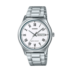 Casio watch with silver metal strap on a white background