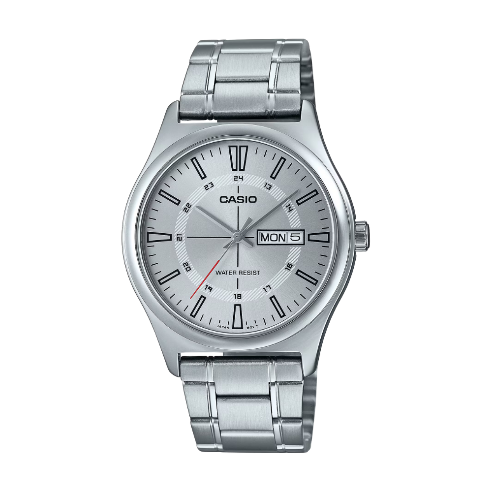 Silver Casio watch with a white face on a white background