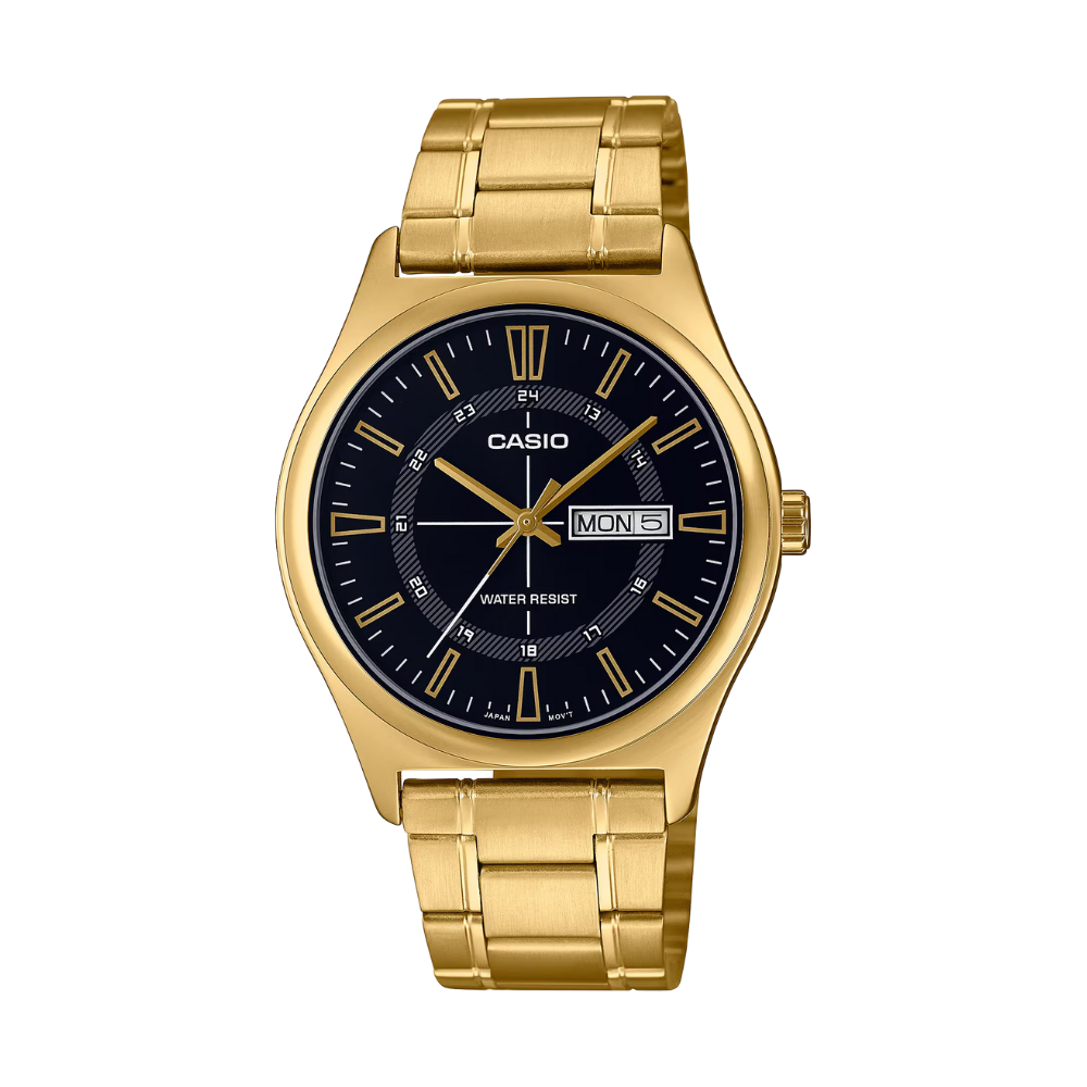 Gold Casio watch with black dial on a white background