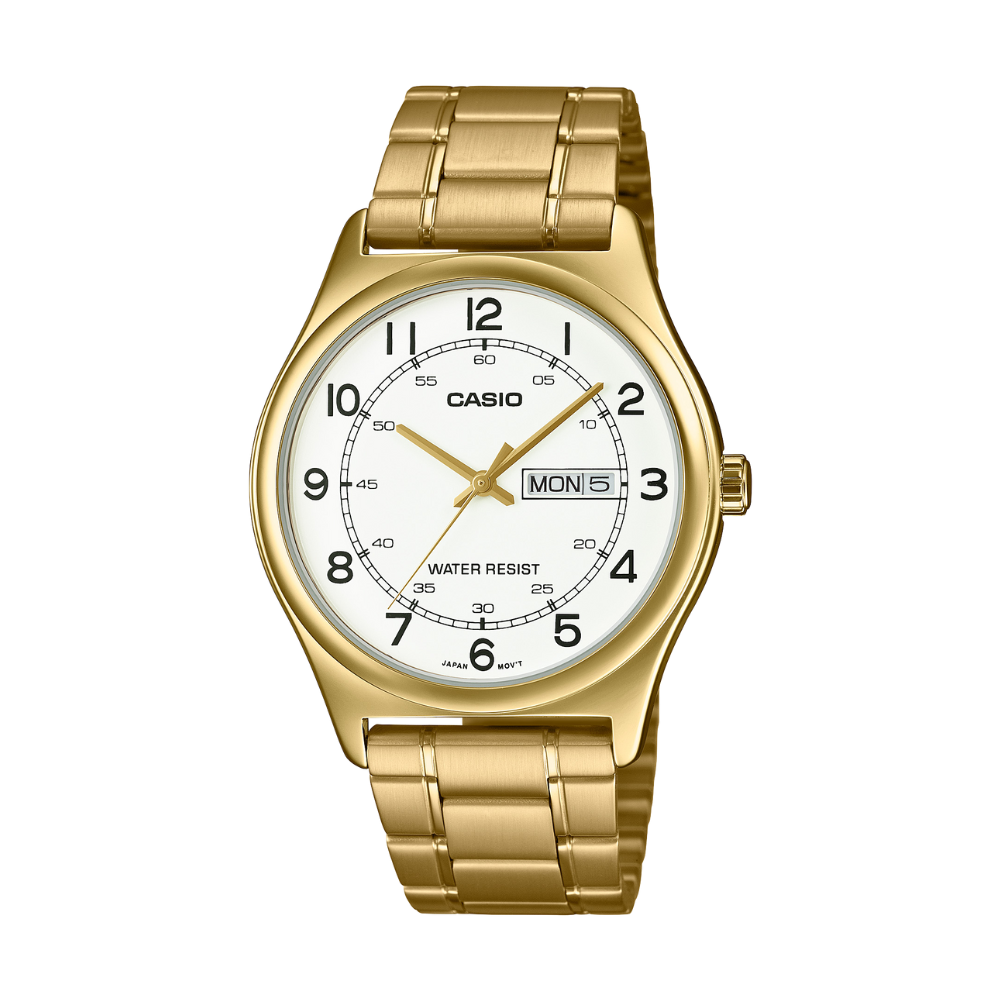 Gold Casio watch with a white face on a white background