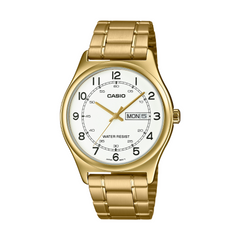 Gold Casio watch with a white face on a white background
