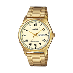 Gold Casio watch with a white face on a white background