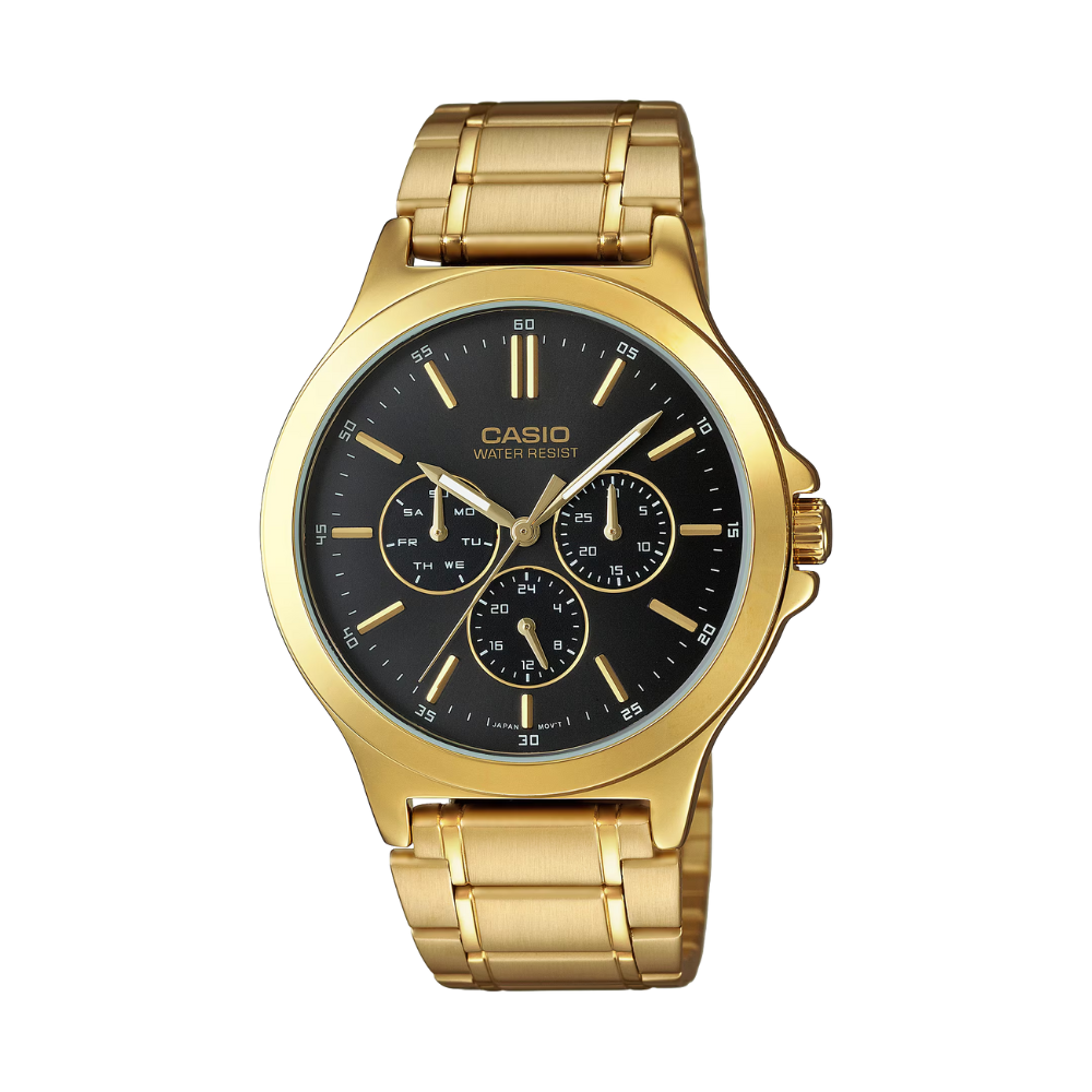 Gold Casio watch with black dial on a white background