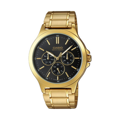 Gold Casio watch with black dial on a white background