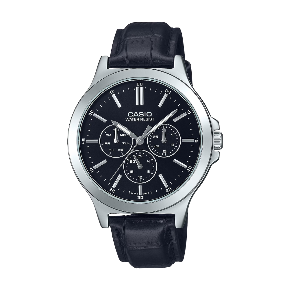 Casio watch with black leather strap on a white background