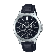 Casio watch with black leather strap on a white background