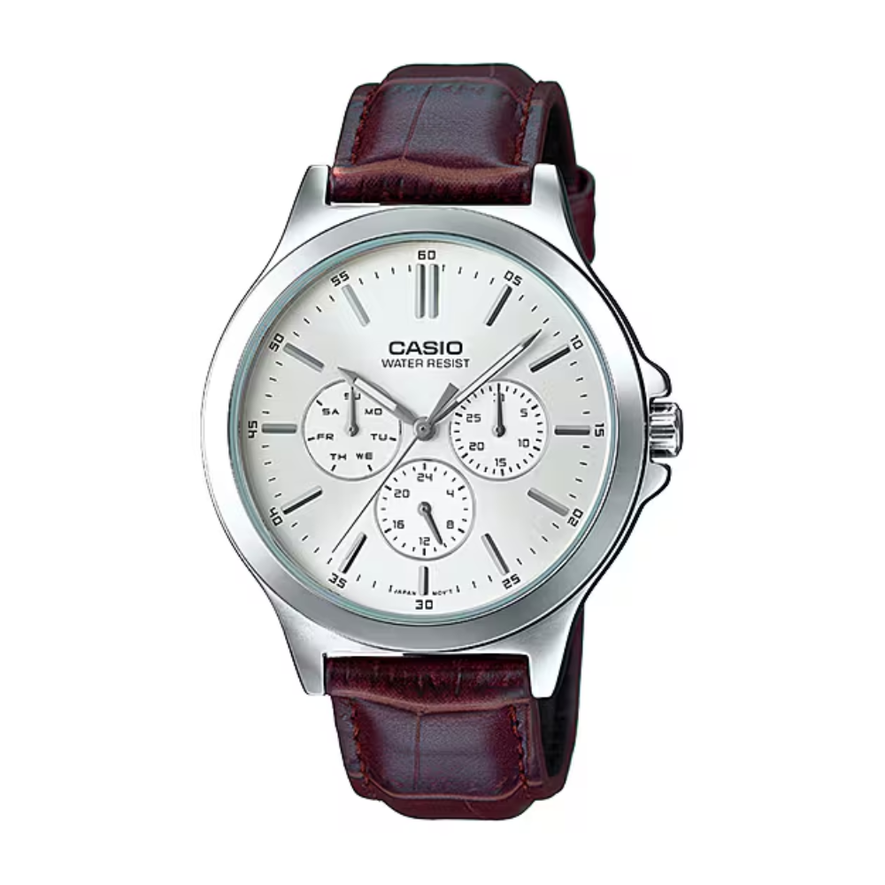 Casio watch with brown leather strap on a white background