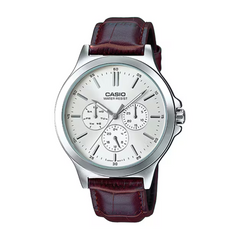 Casio watch with brown leather strap on a white background