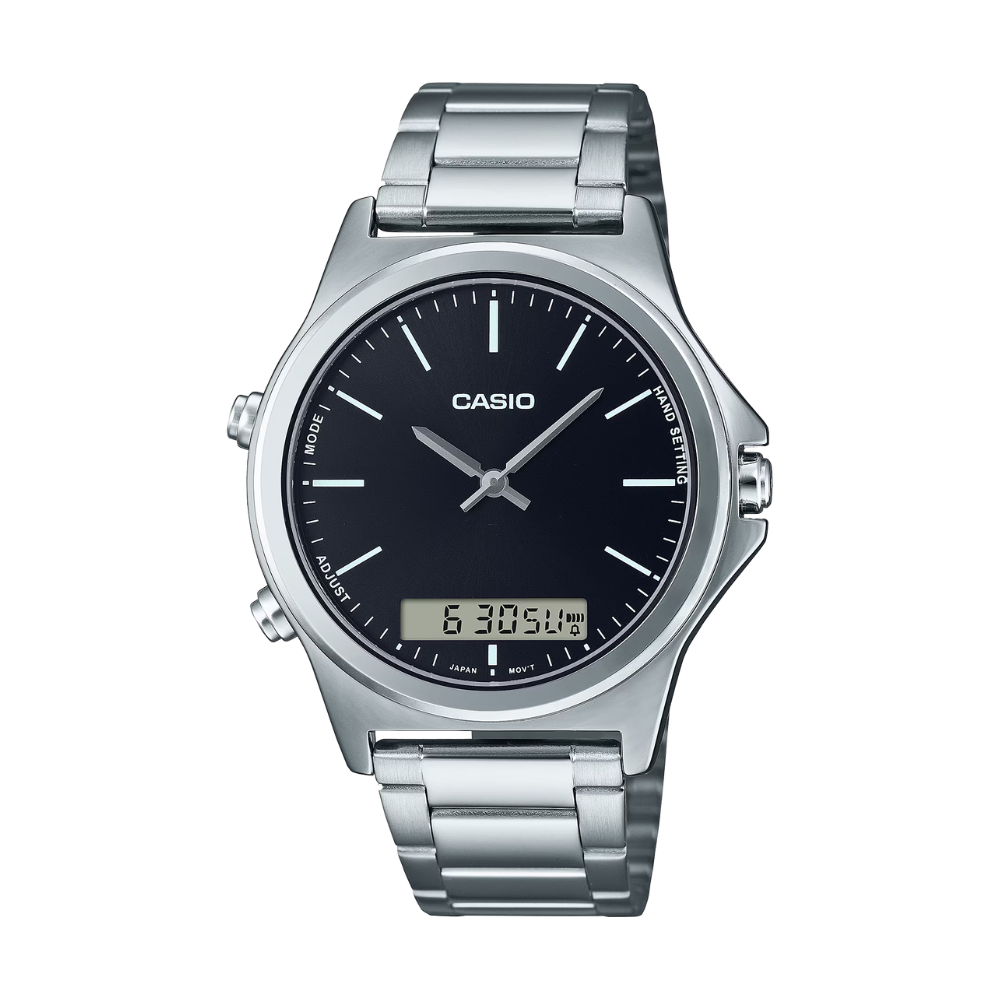 Casio watch with silver band and black dial on a white background