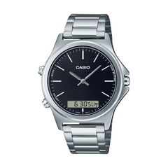 Casio watch with silver band and black dial on a white background