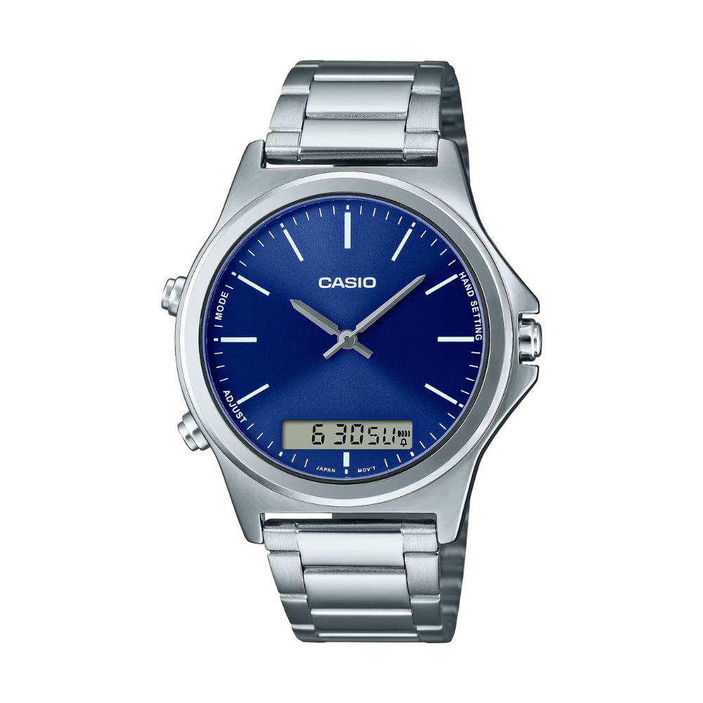 Casio watch with blue face and silver metal strap on a white background