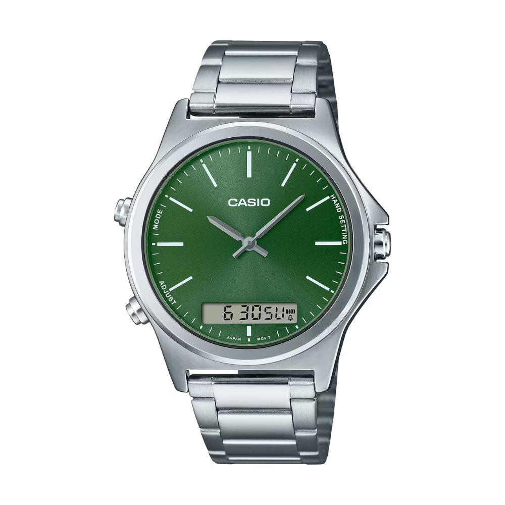 Casio watch with green dial and silver metal band on a white background