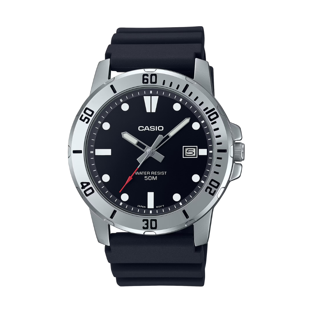 Casio watch with black strap and black dial on a white background