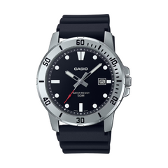 Casio watch with black strap and black dial on a white background