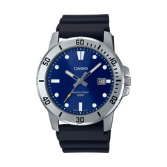 Casio watch with blue dial and black strap on a white background