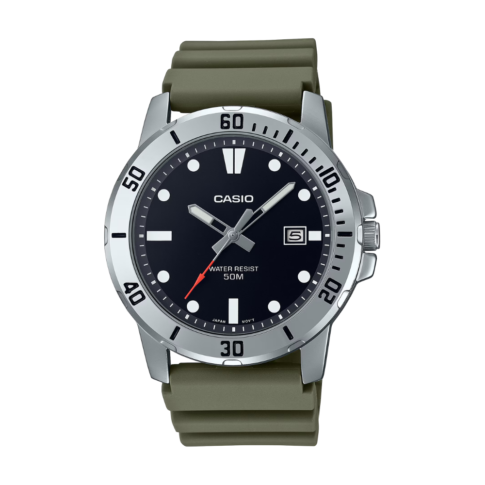 Casio watch with green strap on a white background