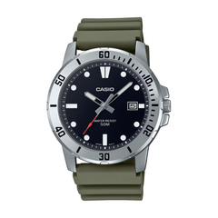 Casio watch with green strap on a white background