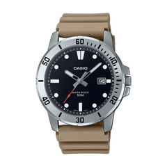 Casio watch with a brown strap on a white background