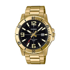 Gold Casio watch with black dial on a white background