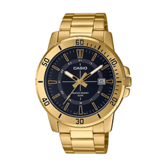 Gold Casio watch with black dial on a white background