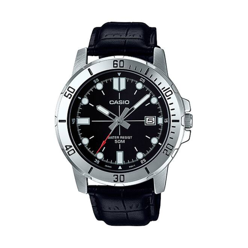 Casio watch with black leather strap and black dial on a white background