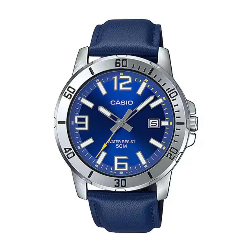 Casio watch with blue strap and blue dial on a white background