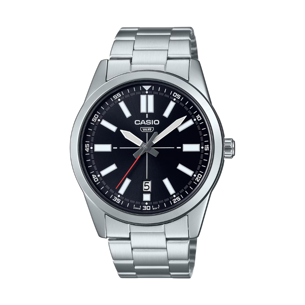 Casio watch with black dial and silver metal strap on a white background