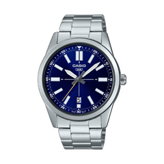 Casio watch with blue dial and silver metal strap on a white background