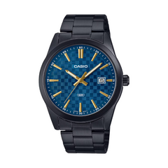 Casio watch with blue checkered face and black strap on white background