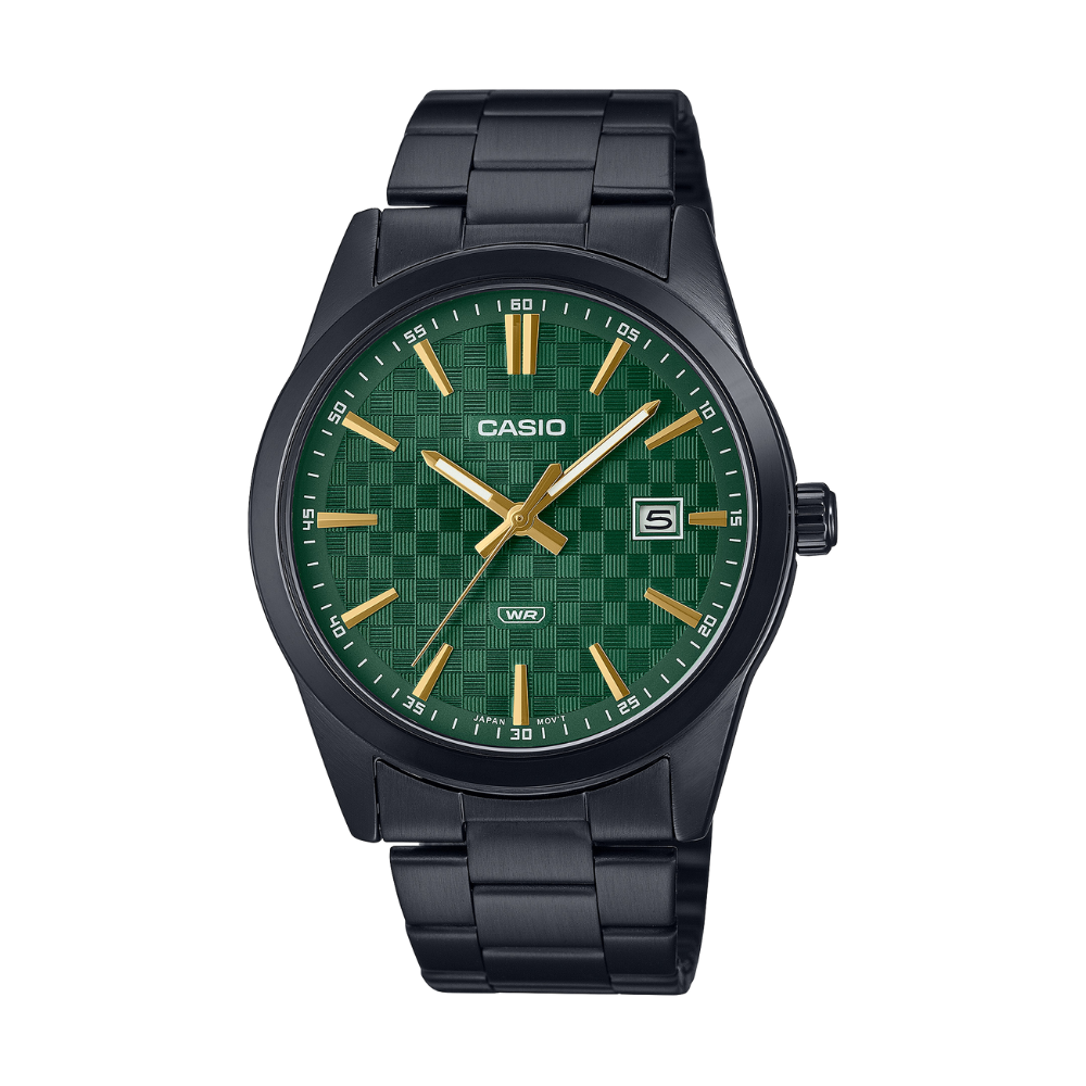 Casio watch with green face and black strap on white background