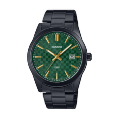 Casio watch with green face and black strap on white background