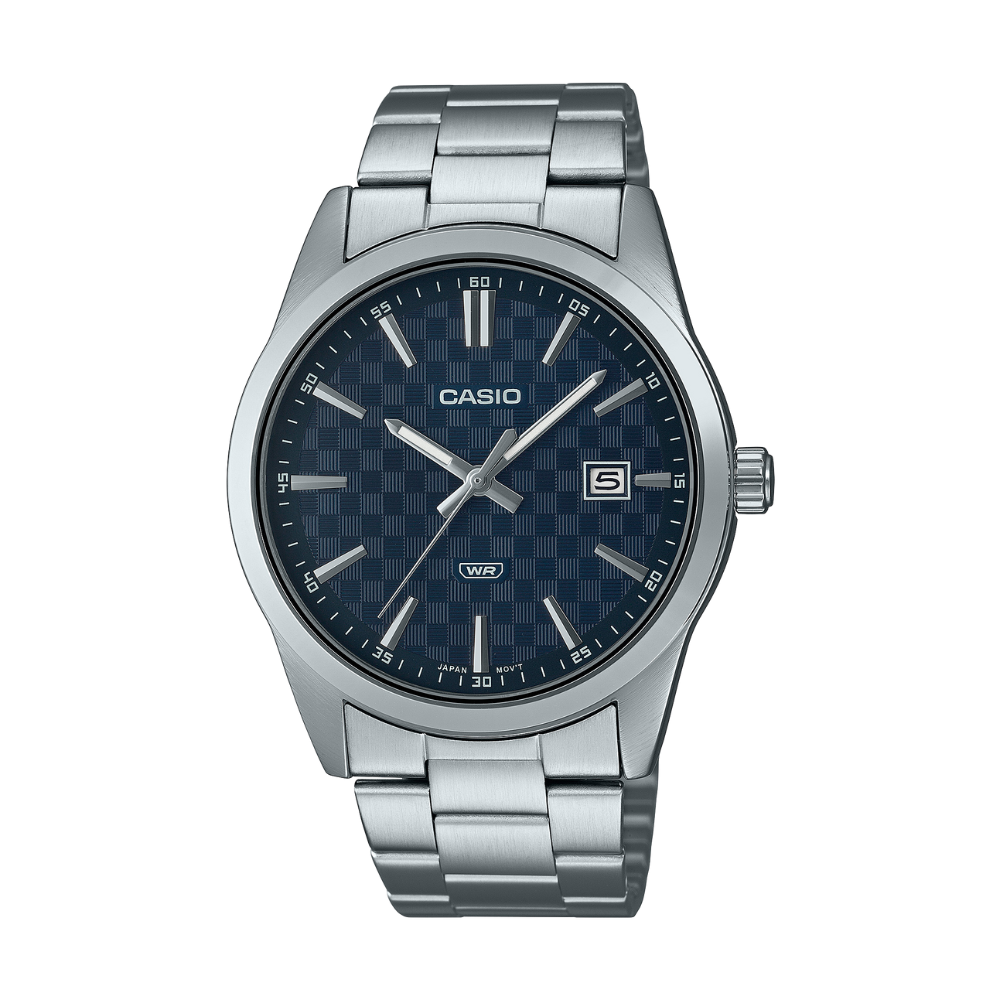 Casio watch with silver metal strap and dark face on a white background