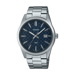 Casio watch with silver metal strap and dark face on a white background