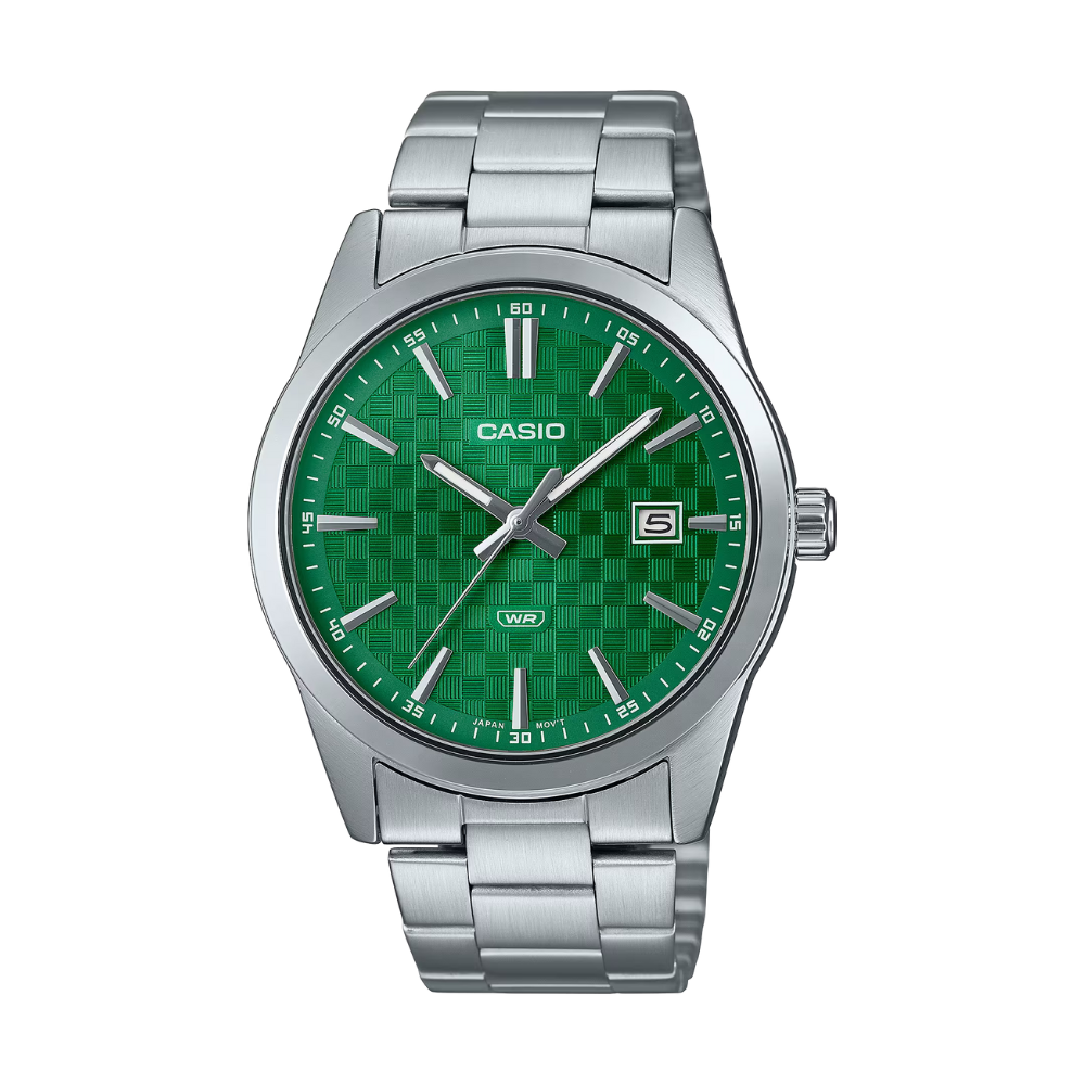 Casio watch with green face and silver metal strap on white background