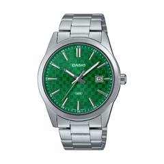 Casio watch with green face and silver metal strap on white background