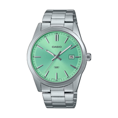 Casio watch with green dial and silver metal strap on a white background