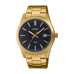 Gold Casio watch with black checkered dial on a white background