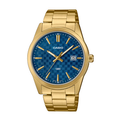 Gold Casio watch with blue face on a white background