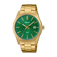 Gold Casio watch with green face on a white background